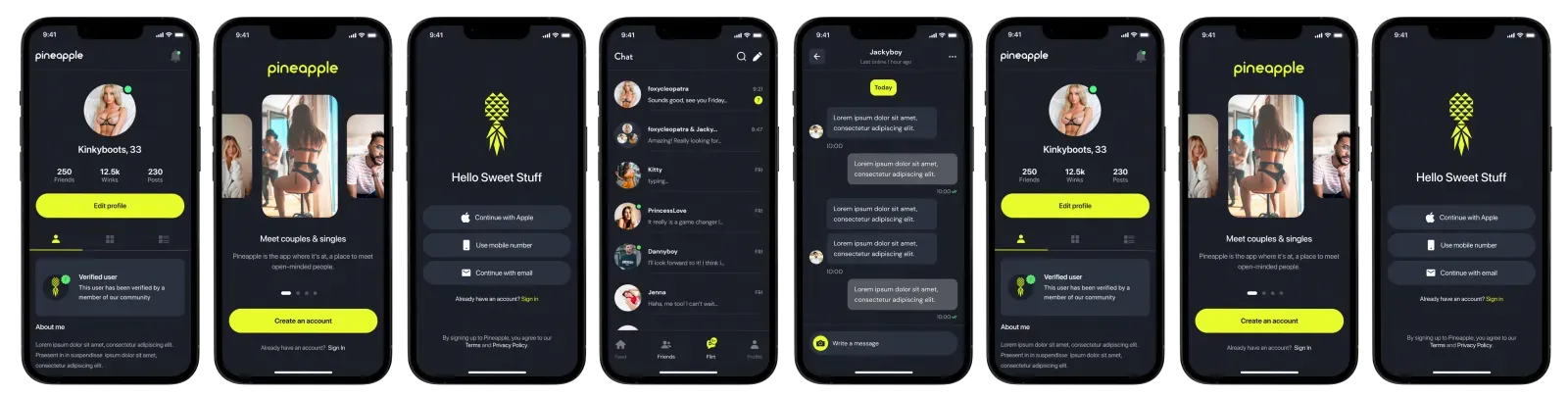 The Pineapple Lifestyle swingers app on several phones