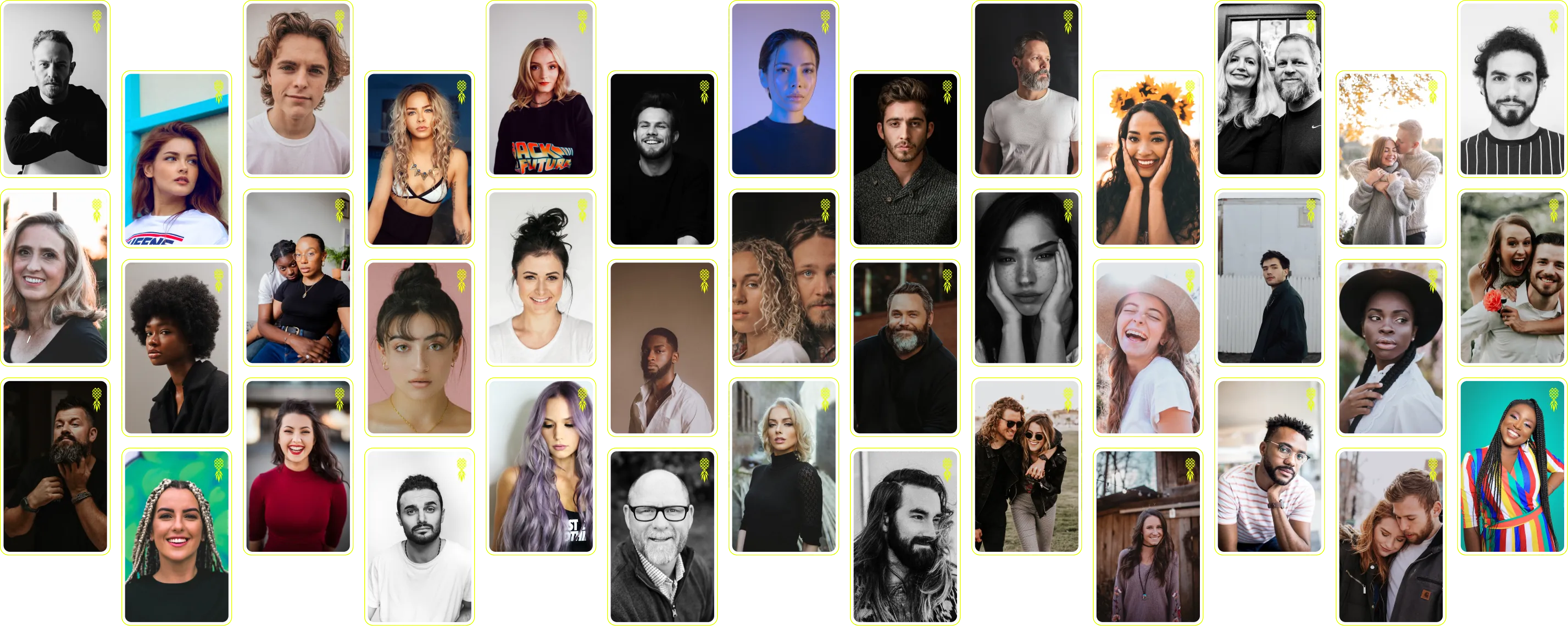 Masonry Collage of 39 influencers in a phone shape with a yellow border and Pineapple icon